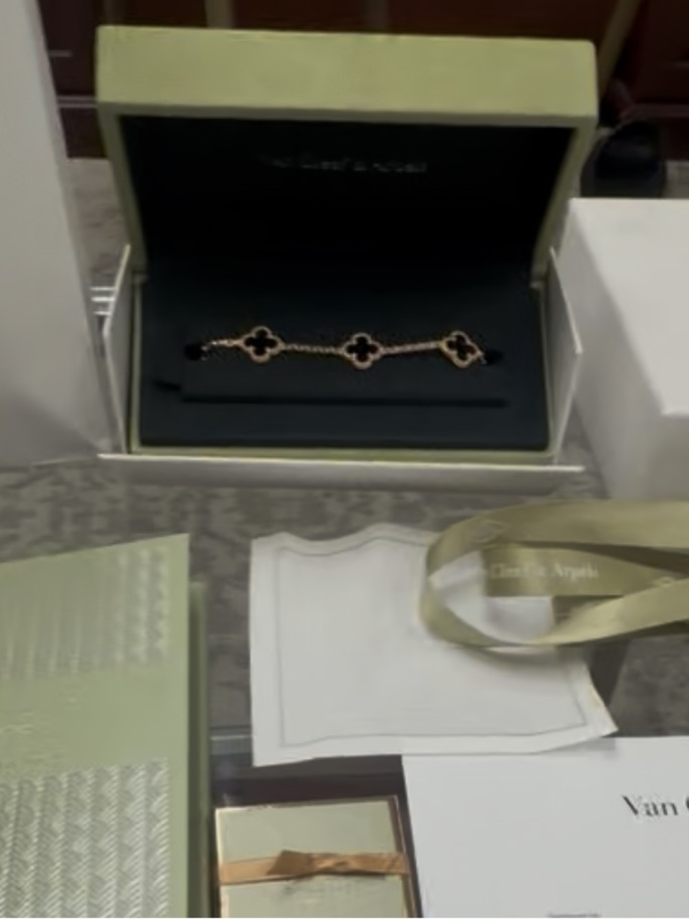 Van Cleef & Arpels Black and Gold Alhambra Bracelet with Box and Documents